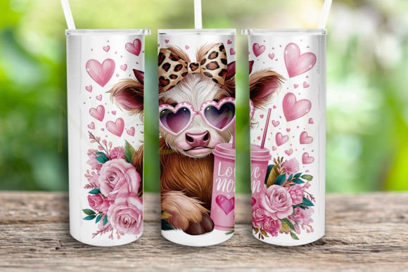 Love Mom Highland Cow Tumbler Wrap Png Graphics in Crafts