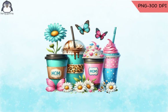 Mom Coffee Cups with Daisies Sublimation: A Vibrant Graphic Design Asset for Crafts and Branding